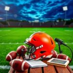 Flick International A stylized football helmet on a wooden bench with footballs and a playbook, symbolizing the NFL season's anticipation.