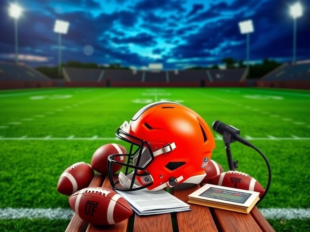 Flick International A stylized football helmet on a wooden bench with footballs and a playbook, symbolizing the NFL season's anticipation.