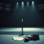 Flick International A somber theater stage with a spotlight on a microphone and faded comedy show banners