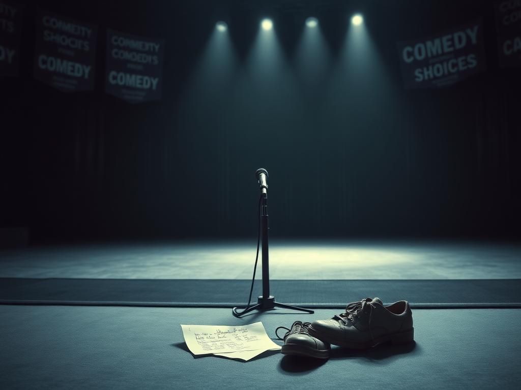 Flick International A somber theater stage with a spotlight on a microphone and faded comedy show banners