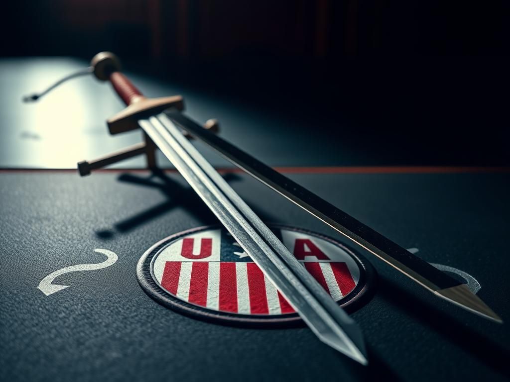 Flick International Close-up of a wooden fencing sword crossed over a metallic foil with the USA Fencing logo in the background