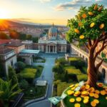 Flick International A picturesque view of Vatican City with St. Peter's Basilica and a stylized money tree symbolizing the pope's income sources.