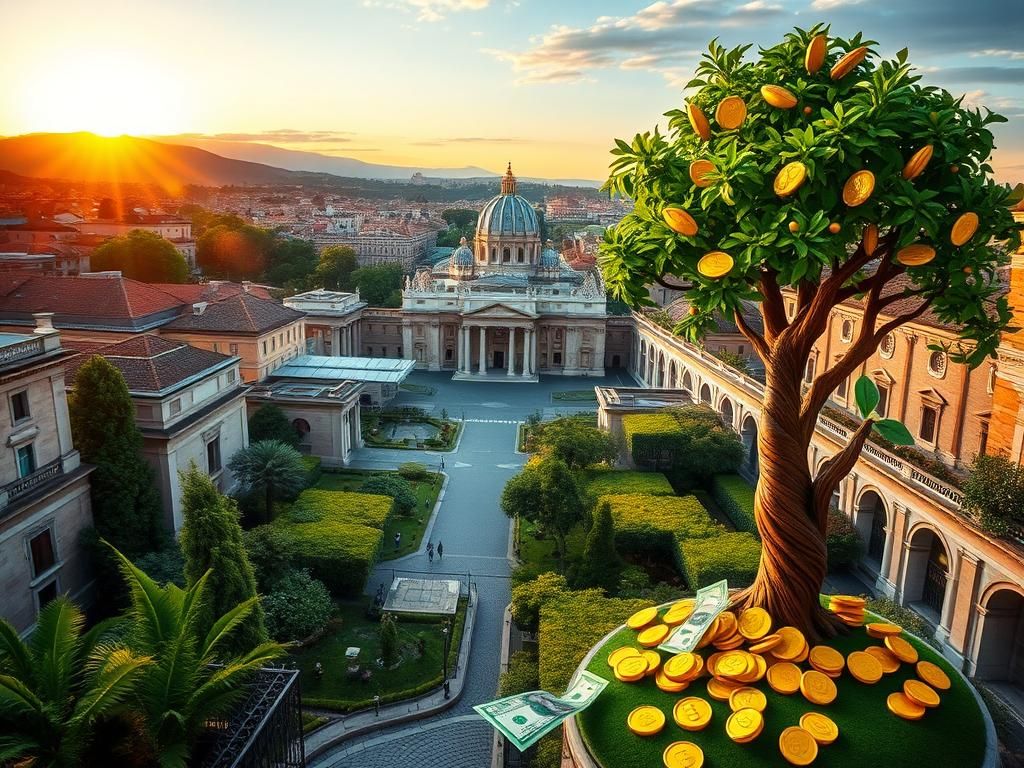 Flick International A picturesque view of Vatican City with St. Peter's Basilica and a stylized money tree symbolizing the pope's income sources.