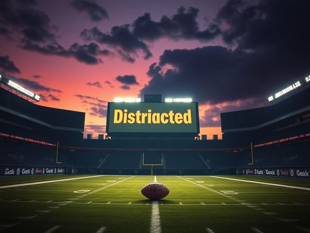 Flick International Dramatic empty football stadium at dusk with a lone football in focus
