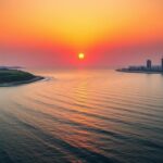 Flick International Aerial view of the Persian Gulf at sunset displaying the Iranian and Arab coasts