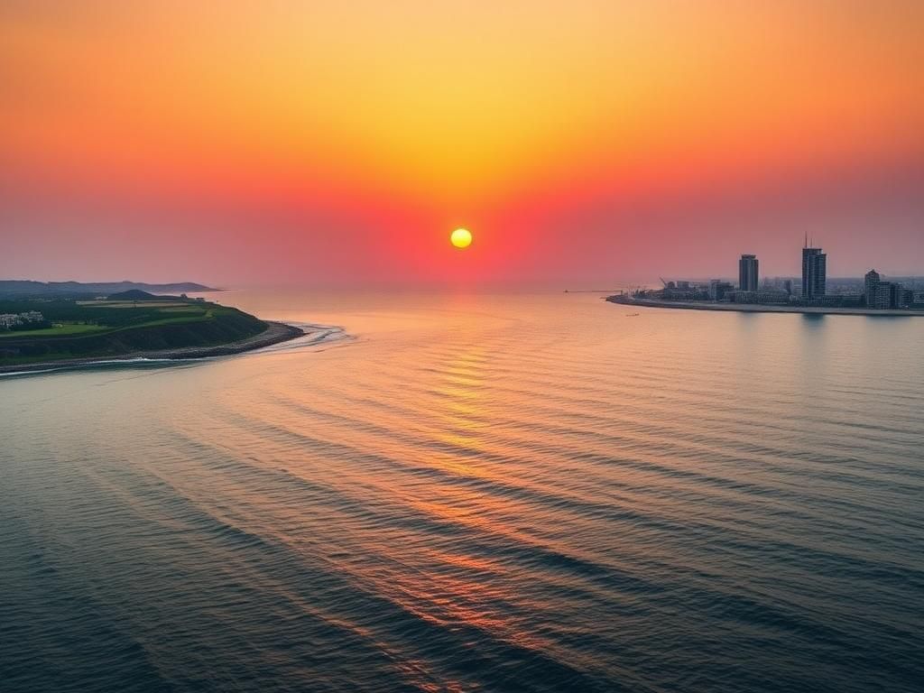 Flick International Aerial view of the Persian Gulf at sunset displaying the Iranian and Arab coasts