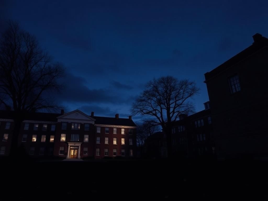 Flick International A solitary university campus at twilight with Tufts University brick building illuminated by dusk light