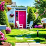 Flick International A vibrant front yard with a bold colored door and flower baskets.