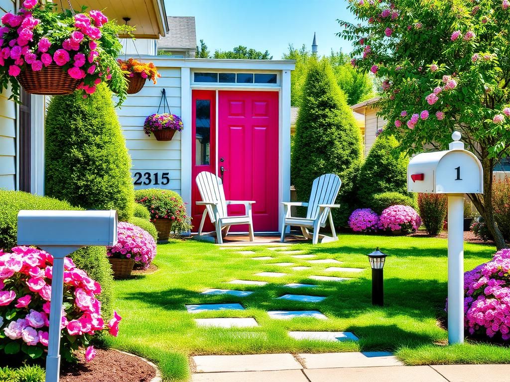 Flick International A vibrant front yard with a bold colored door and flower baskets.