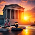 Flick International Majestic courthouse building with gavel and legal documents