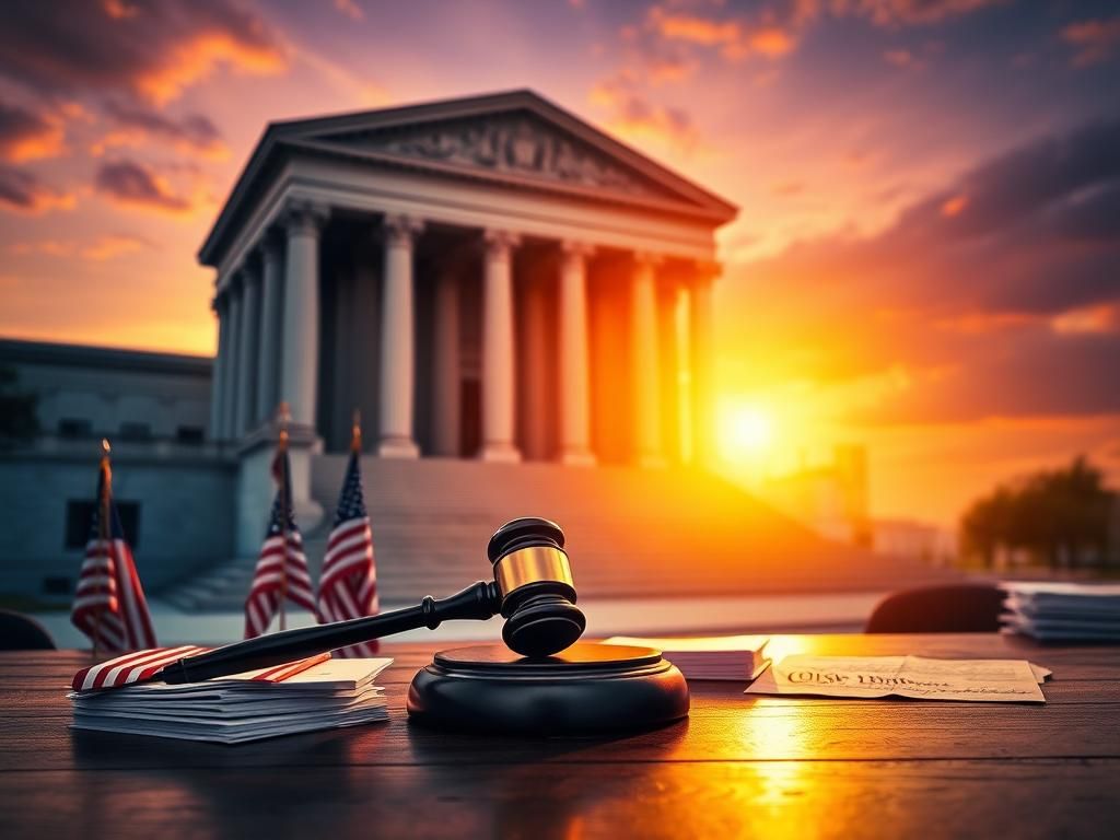 Flick International Majestic courthouse building with gavel and legal documents