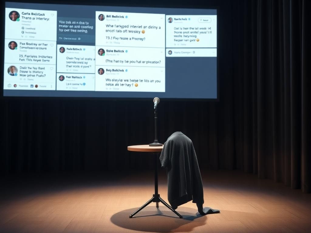 Flick International Dimly lit stage setting with an unoccupied microphone, representing a late-night comedy show