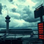 Flick International A modern airport control tower under stormy skies, depicting the challenges of air traffic control
