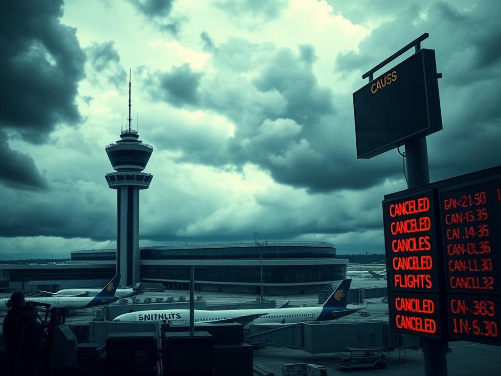 Flick International A modern airport control tower under stormy skies, depicting the challenges of air traffic control