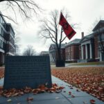 Flick International A solemn campus scene at Haverford College featuring iconic architecture amid autumn leaves