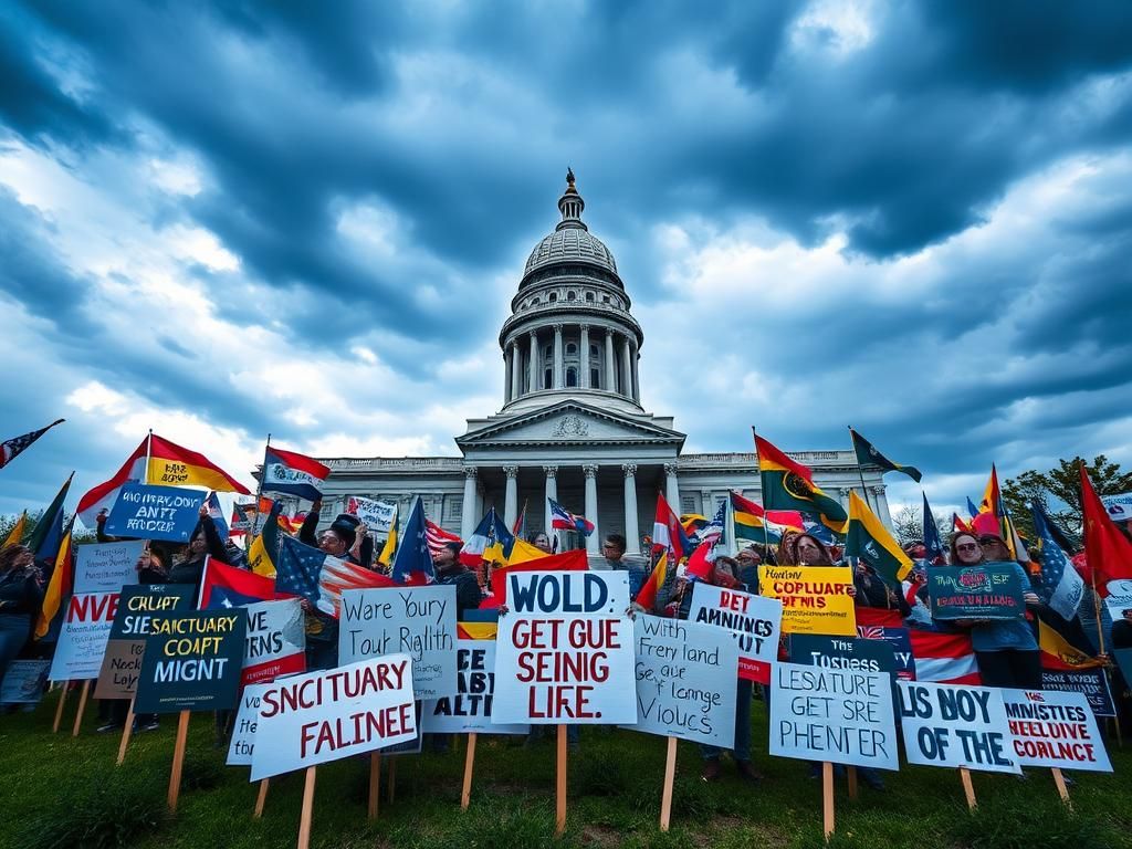 Flick International A powerful image of a state capitol building with protest signs advocating for sanctuary policies and immigrant rights.