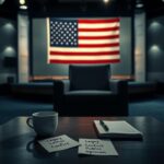Flick International Dimly lit television studio featuring an empty coffee table with political notes and an iconic American flag backdrop