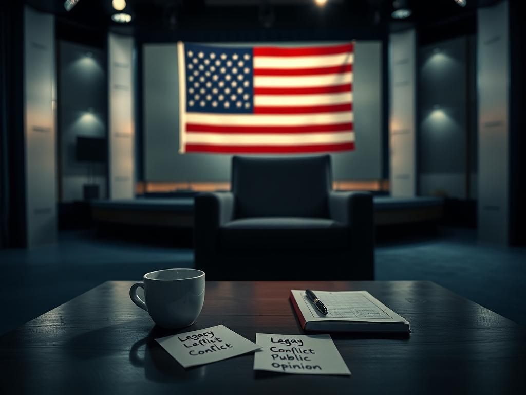 Flick International Dimly lit television studio featuring an empty coffee table with political notes and an iconic American flag backdrop