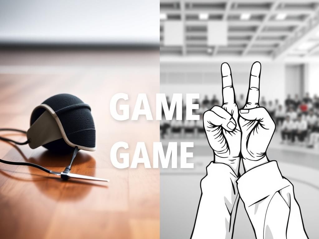 Flick International Dynamic scene showing a fencing foil and mask with two fingers in a peaceful gesture