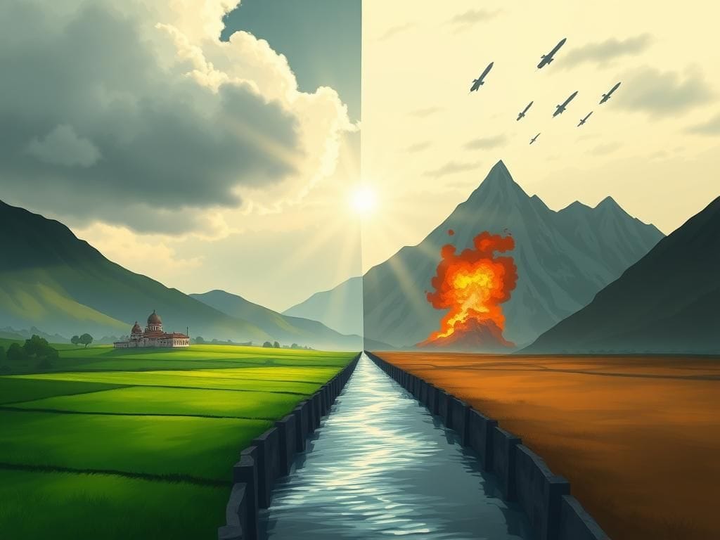 Flick International A split landscape illustrating the contrast between peaceful India and conflict-ridden Pakistan.