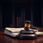 Flick International A dimly lit courtroom scene featuring a judge's gavel and legal documents