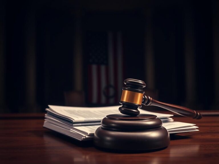 Flick International A dimly lit courtroom scene featuring a judge's gavel and legal documents