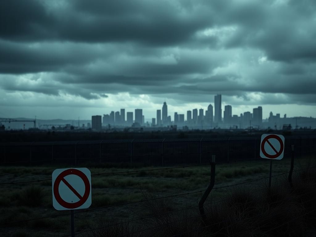 Flick International A stark urban scene of a border control area with a border wall and barbed wire under an overcast sky