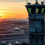 Flick International Air traffic control tower with modern aircraft at a bustling airport during sunset