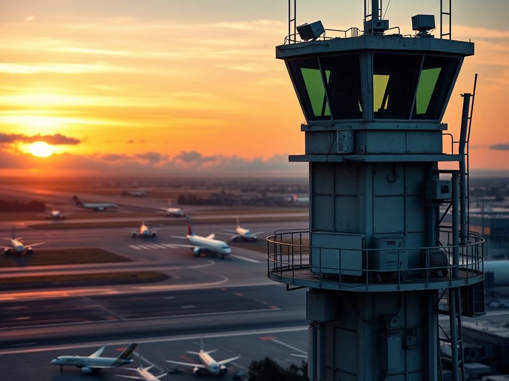 Flick International Air traffic control tower with modern aircraft at a bustling airport during sunset
