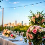 Flick International A beautifully arranged wedding reception table with floral centerpieces and an iconic Buffalo skyline in the background.