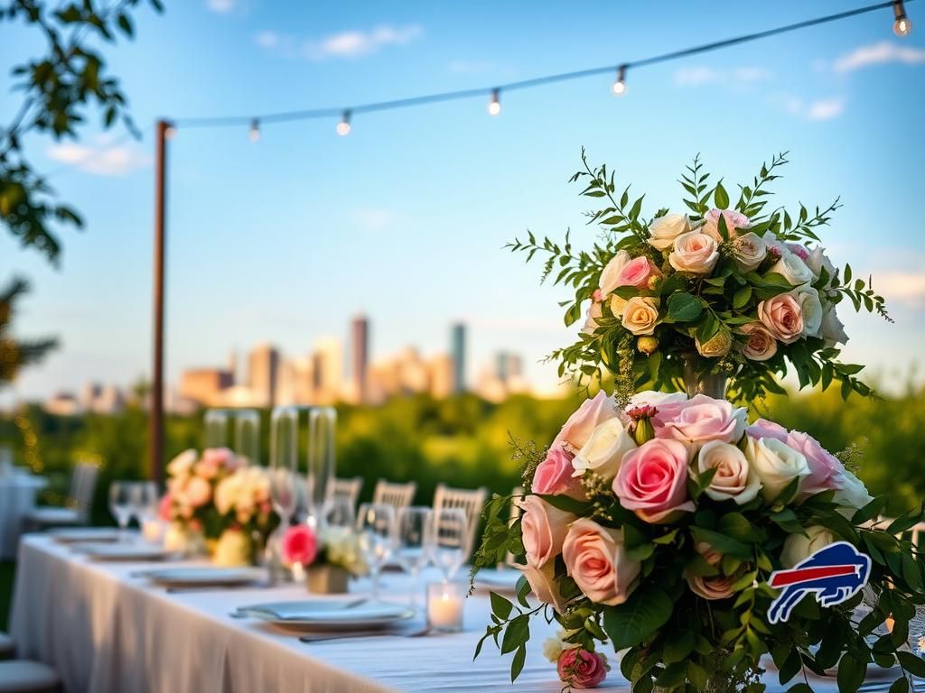 Flick International A beautifully arranged wedding reception table with floral centerpieces and an iconic Buffalo skyline in the background.