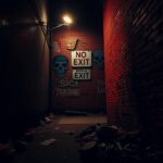 Flick International A dark alley illuminated by a flickering streetlight with graffiti symbols of organized crime