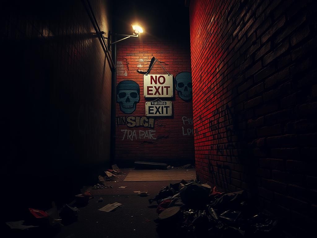 Flick International A dark alley illuminated by a flickering streetlight with graffiti symbols of organized crime