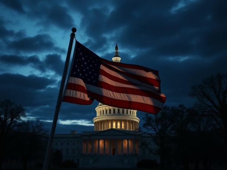 Flick International U.S. Capitol building at dusk with an American flag fluttering in the foreground