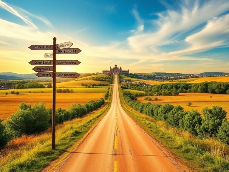 Flick International A picturesque landscape with a winding road leading from a hometown to a distant university campus
