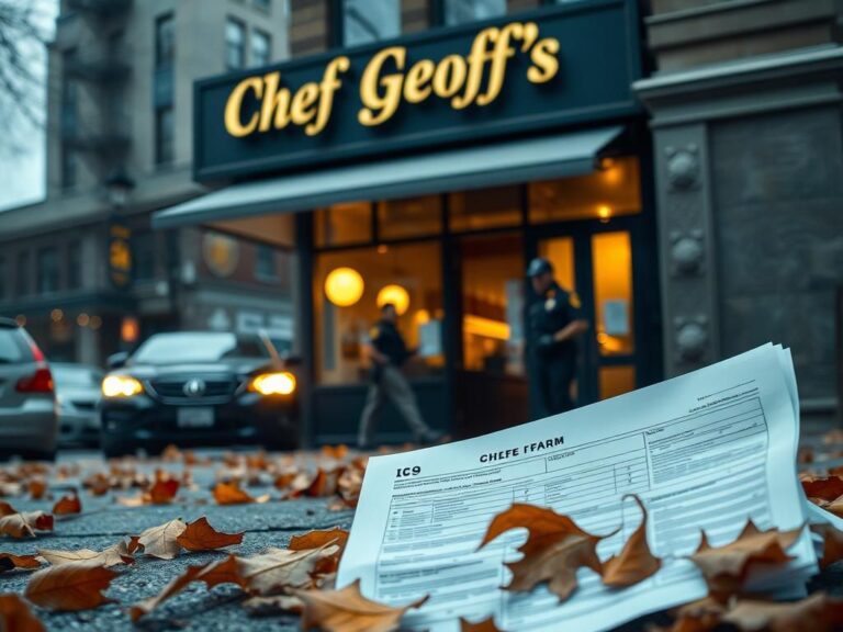 Flick International Scene outside 'Chef Geoff's' restaurant during ICE raid with law enforcement vehicles present
