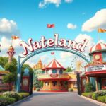 Flick International A vibrant, family-friendly theme park scene inspired by classic Disney, featuring colorful rides and a welcoming entrance gate.