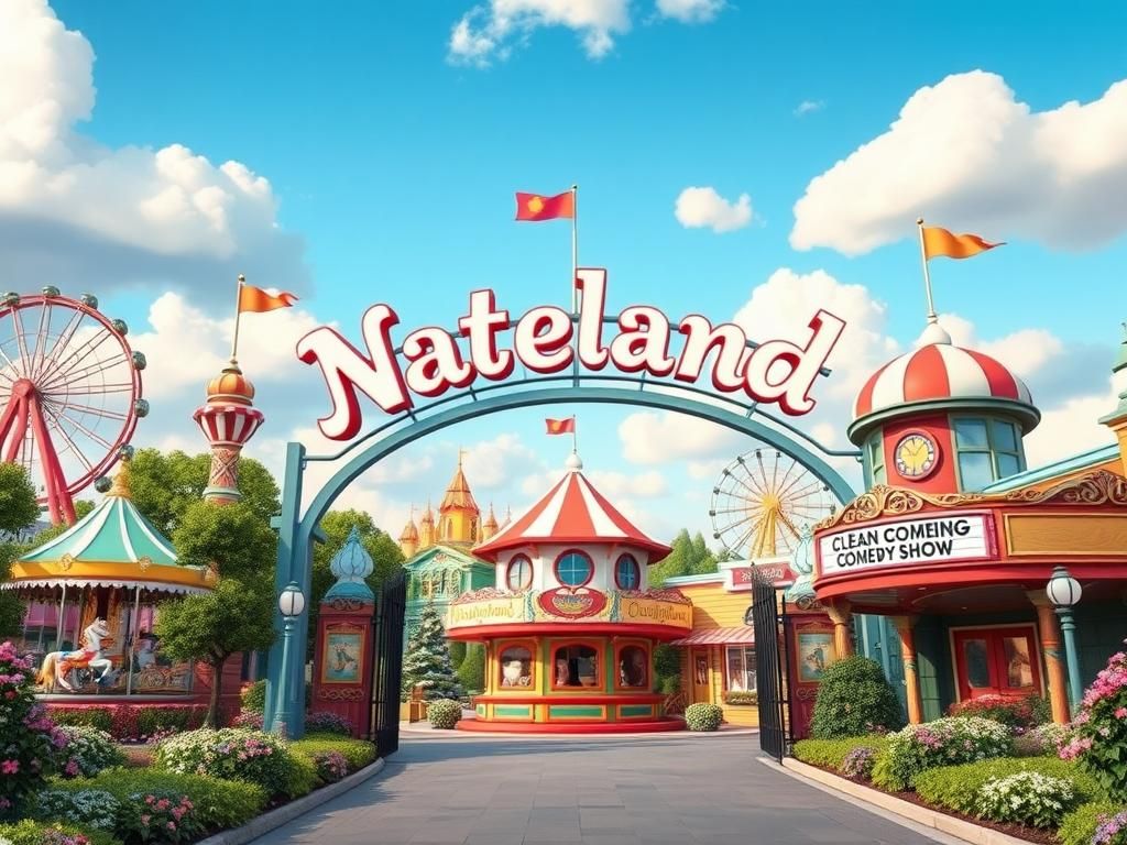 Flick International A vibrant, family-friendly theme park scene inspired by classic Disney, featuring colorful rides and a welcoming entrance gate.