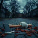 Flick International Bloodstained ax and severed head on Warsaw University campus