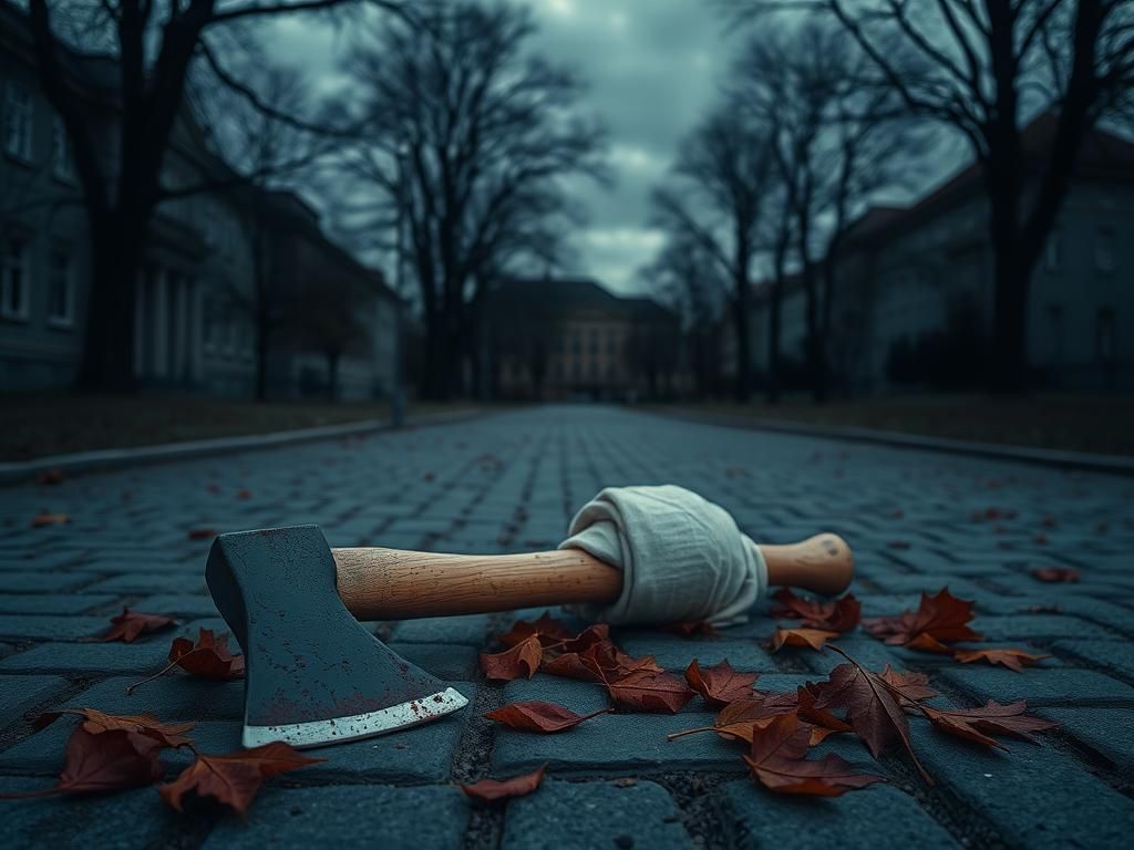 Flick International Bloodstained ax and severed head on Warsaw University campus