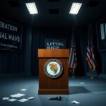 Flick International Empty press conference room with a podium and Florida state seal, depicting tension over illegal immigration debate