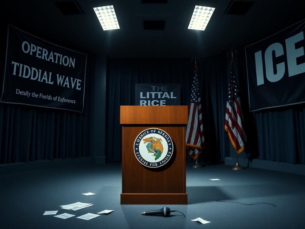 Flick International Empty press conference room with a podium and Florida state seal, depicting tension over illegal immigration debate
