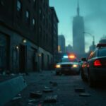 Flick International Dark urban scene depicting a rundown New York City shelter at dusk with police presence