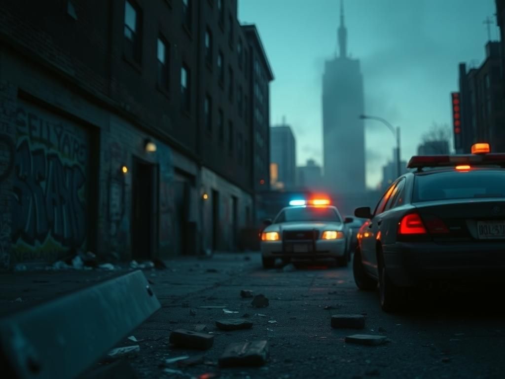 Flick International Dark urban scene depicting a rundown New York City shelter at dusk with police presence
