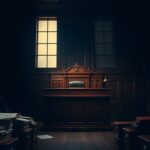 Flick International Dimly lit courtroom showcasing an imposing judge's bench symbolizing justice