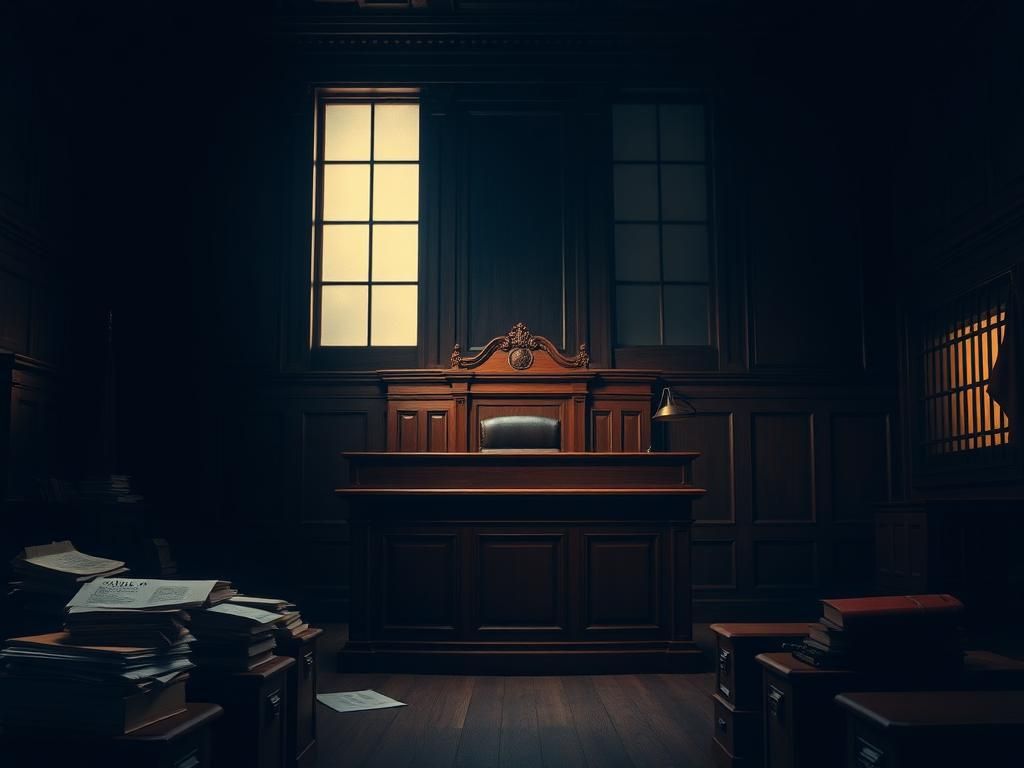 Flick International Dimly lit courtroom showcasing an imposing judge's bench symbolizing justice