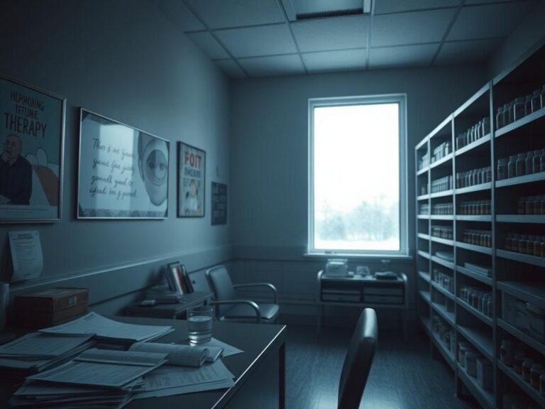 Flick International Dimly lit clinic room with desk cluttered with medical pamphlets and a prescription pad