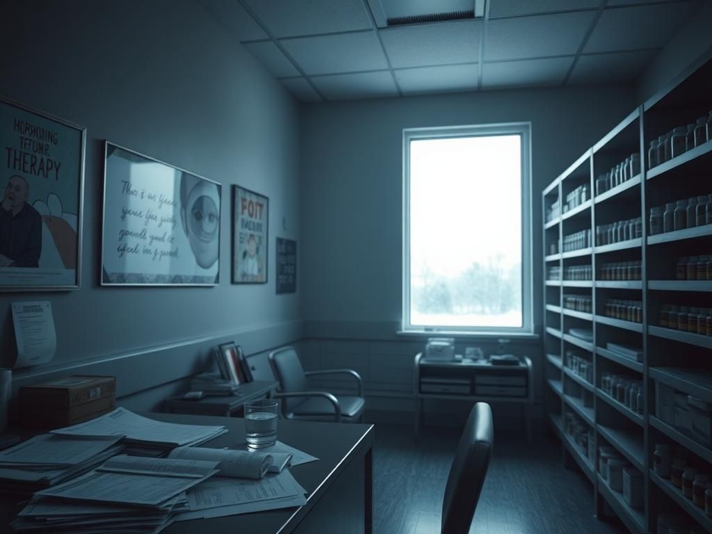Flick International Dimly lit clinic room with desk cluttered with medical pamphlets and a prescription pad