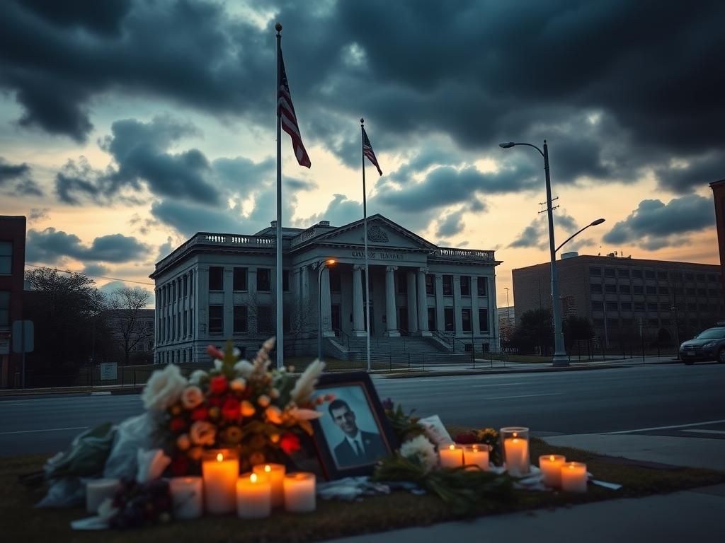 Flick International Somber urban landscape at dusk with memorials honoring victims of crime