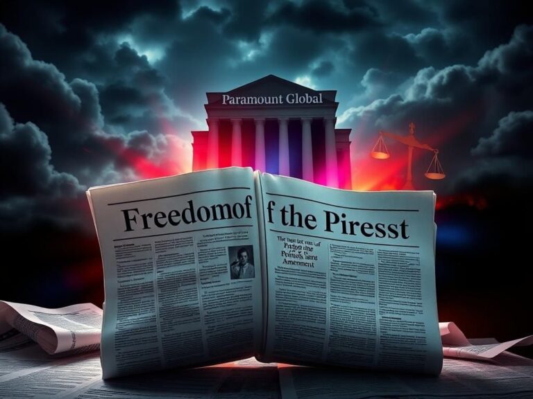 Flick International Dramatic representation of the First Amendment with an open newspaper and stormy skies